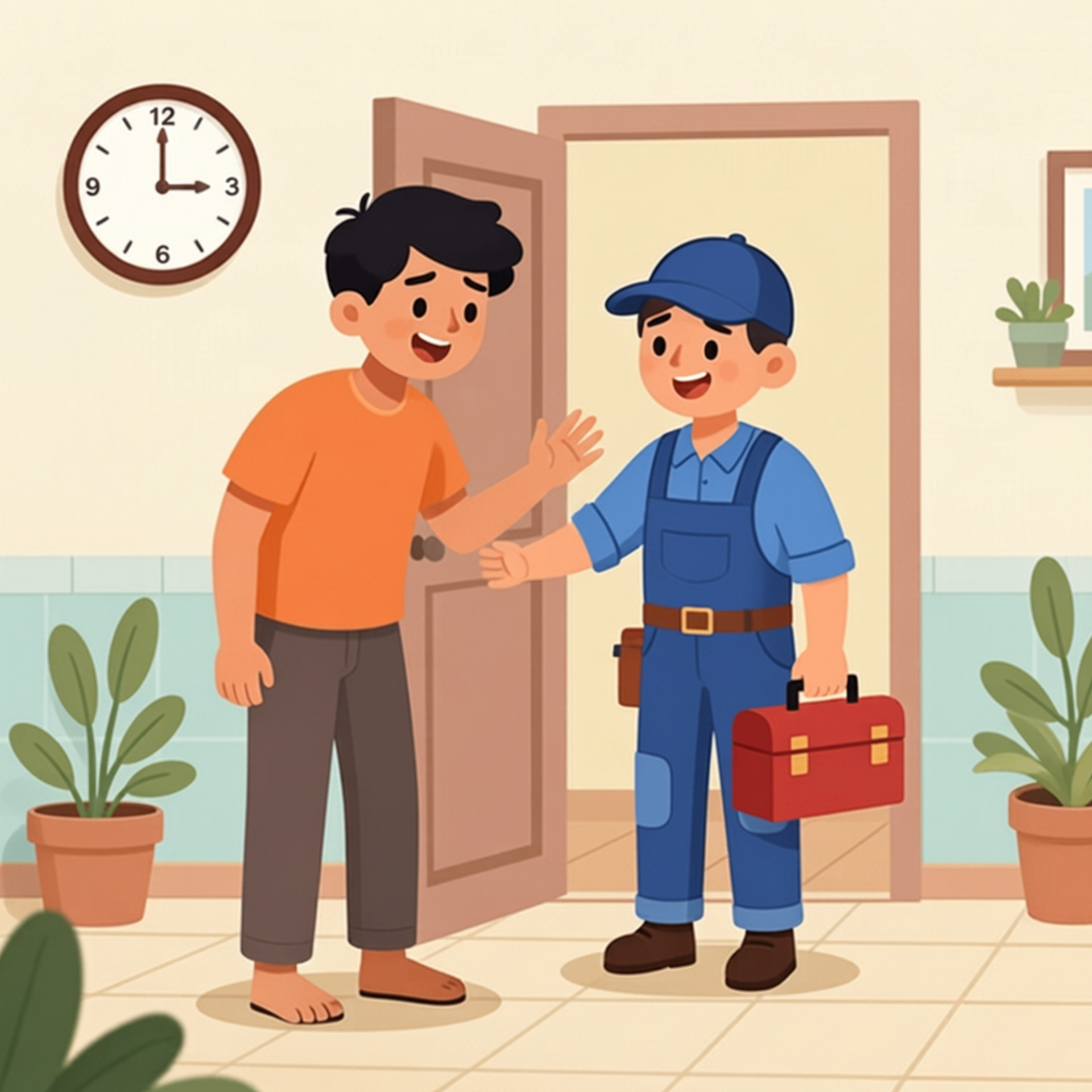 A plumber arriving at Advik's home while both smile at the doorway.