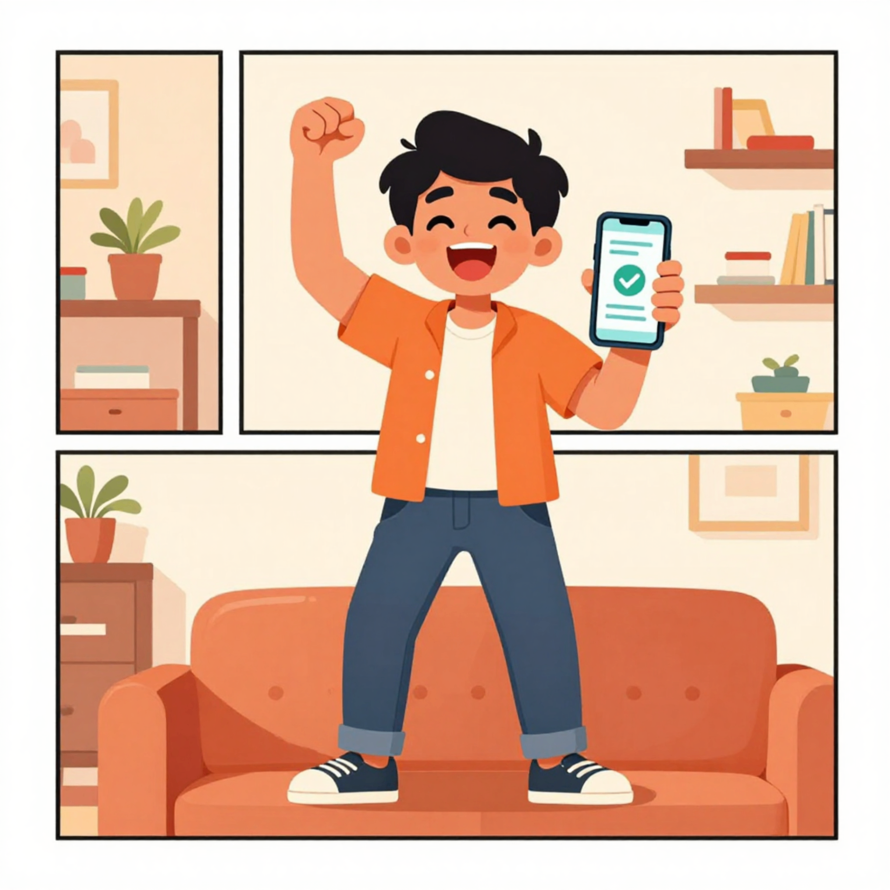 Advik standing excited with his phone after a successful experience using the app.