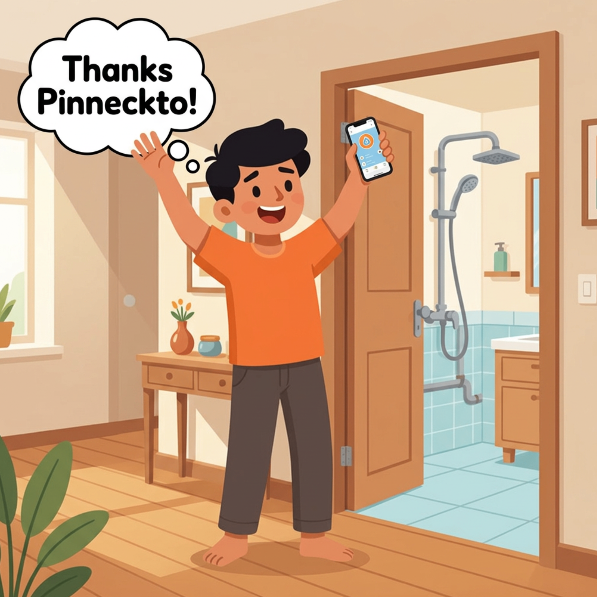 Advik celebrating with his phone after the bathroom leakage is solved, thanking Pinneckto.